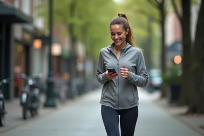 Femme marchant en ville et consultant une application mobile de récompenses pour gagner de l'argent en marchant