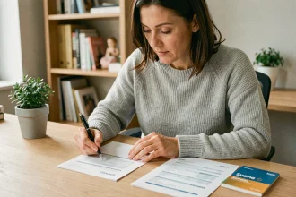 Femme consultant son livret d'épargne LEL et des relevés bancaires à un bureau en bois à domicile
