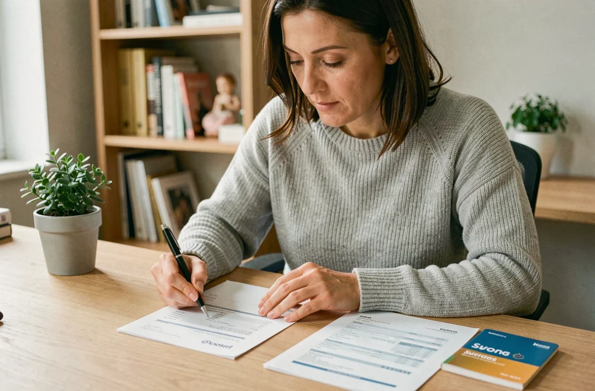 Femme consultant son livret d'épargne LEL et des relevés bancaires à un bureau en bois à domicile
