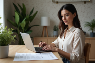 Femme concentrée sur son ordinateur et papier de prêt immobilier