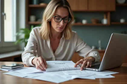Femme organis&eacute;e v&eacute;rifiant ses documents financiers