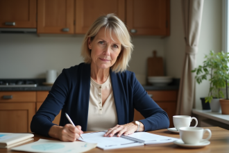 Femme d'âge moyen organisant des papiers dans la cuisine