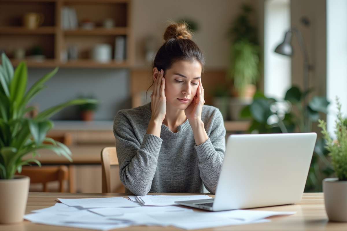 Femme organisée à la maison avec papiers et ordinateur