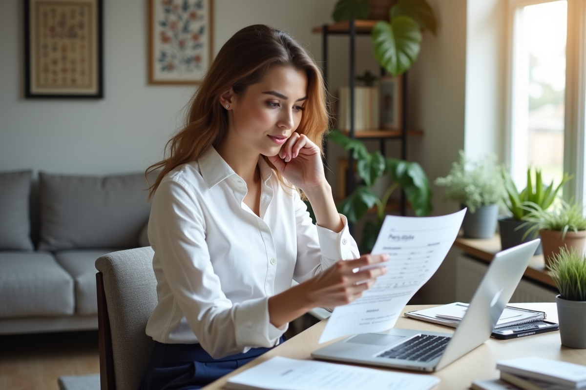 Femme en blouse blanche examine une fiche de paie dans un intérieur moderne