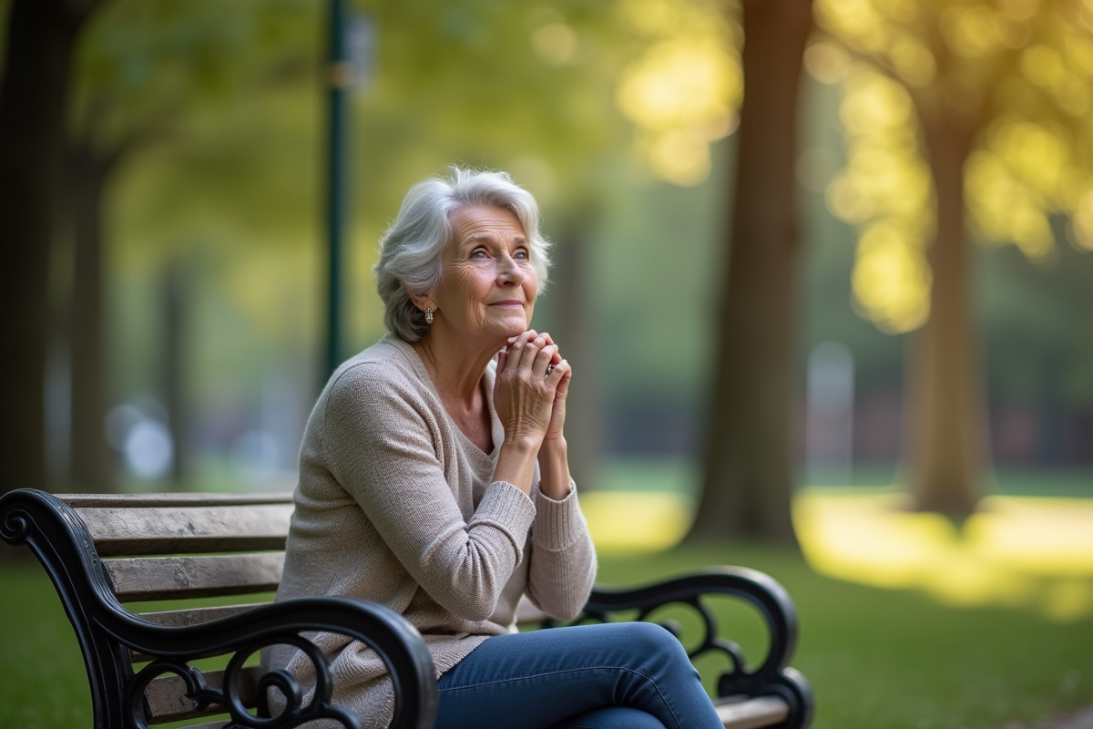 Femme assise sur un banc en ville en pleine réflexion