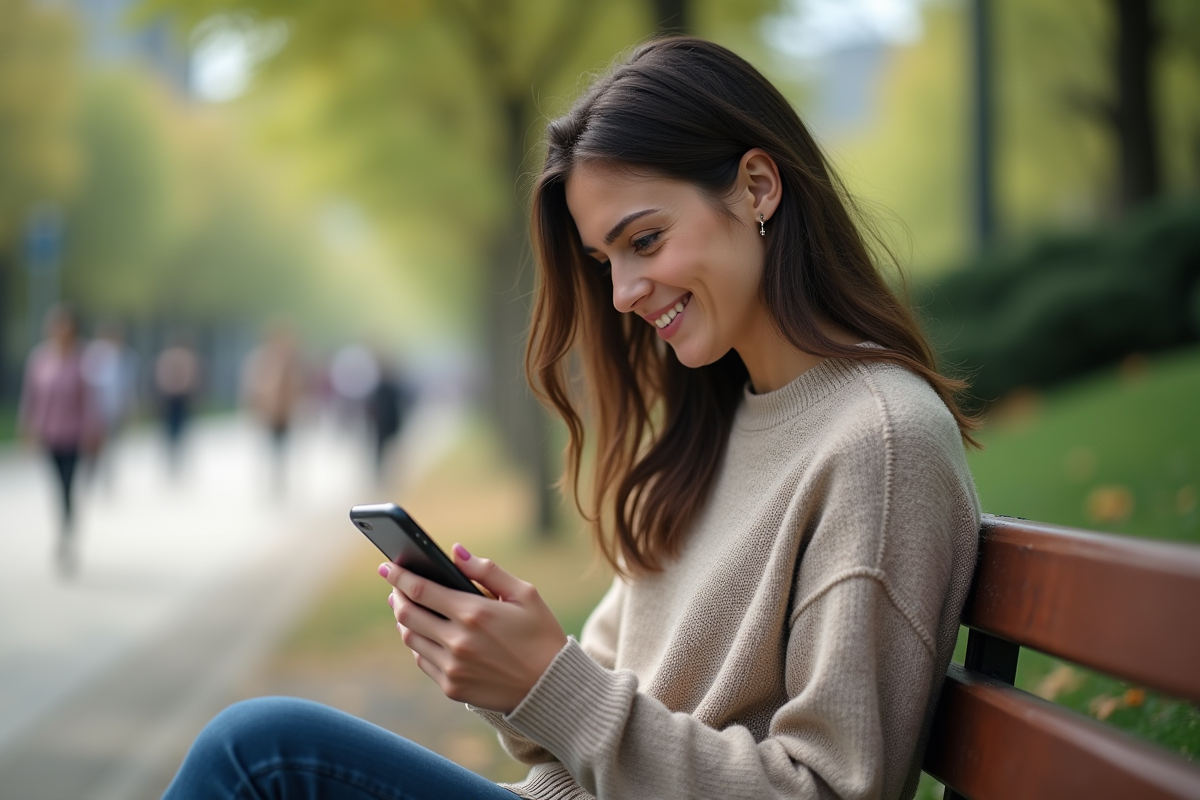 Jeune femme vérifiant son solde bitcoin avec portefeuille mobile