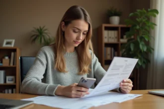 Femme organisant son dossier ECA assurance téléphone sur un bureau en bois avec documents et smartphone