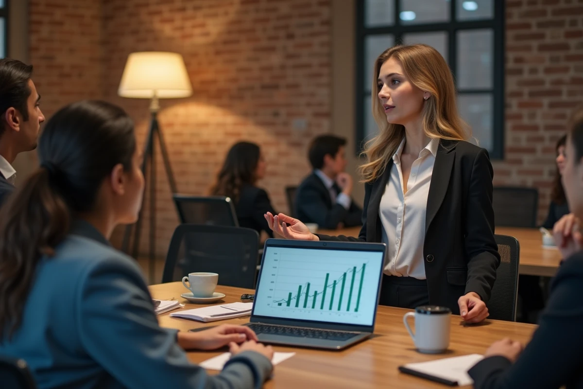 Jeune femme pr&eacute;sente un graphique de bilan &agrave; ses coll&egrave;gues