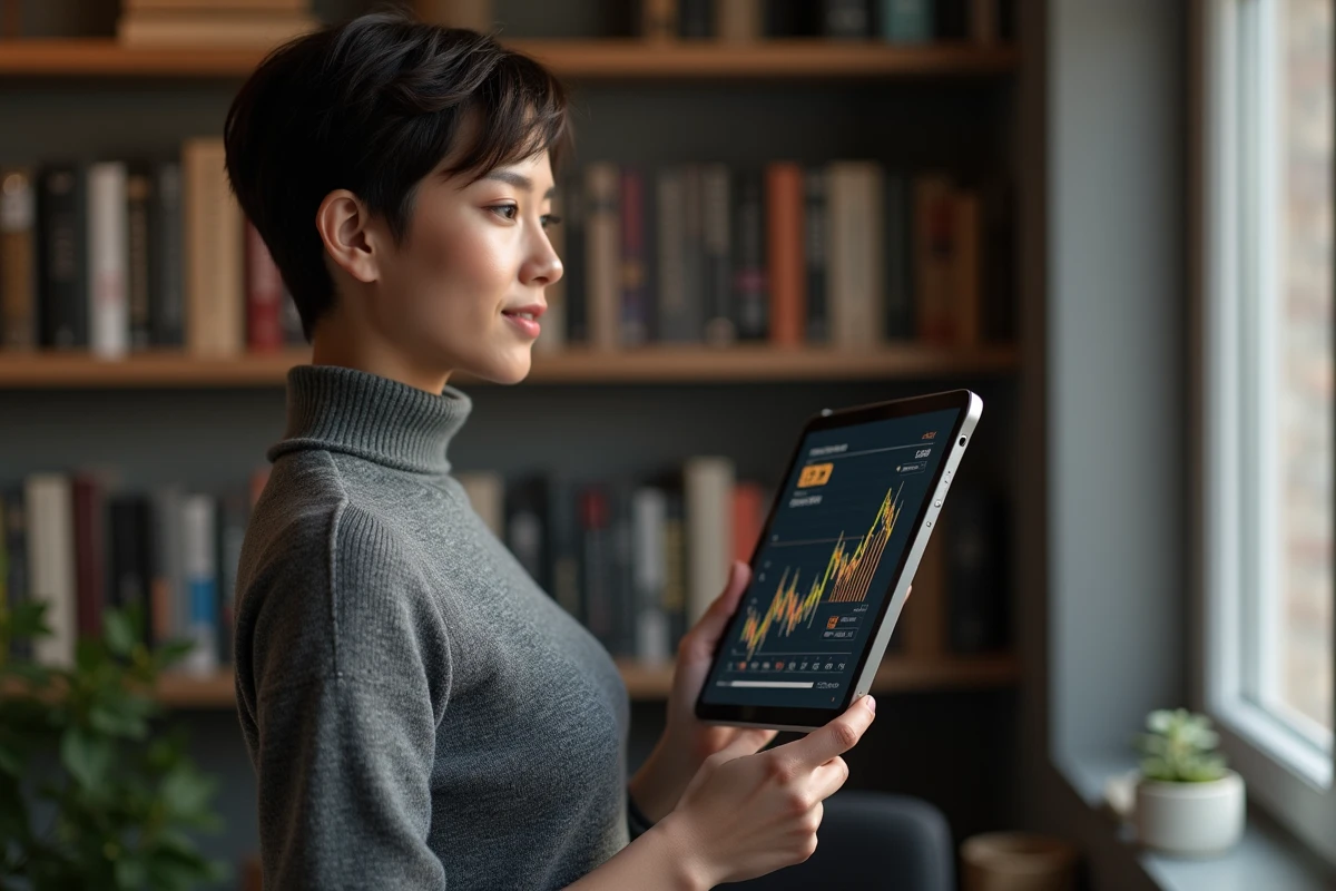 Femme analysant une prévision Bitcoin 2030 sur une tablette dans un bureau à domicile
