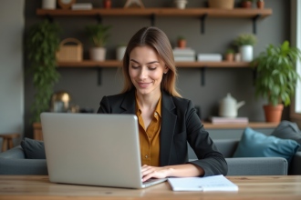 Femme professionnelle concentrée sur son ordinateur dans une cuisine moderne