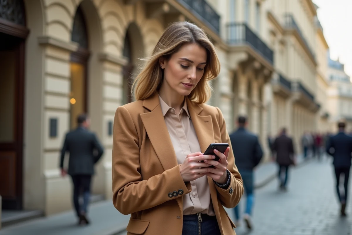 Femme professionnelle élégante devant un immeuble parisien consultant son téléphone, évoquant les revenus et la réussite financière dans les médias français
