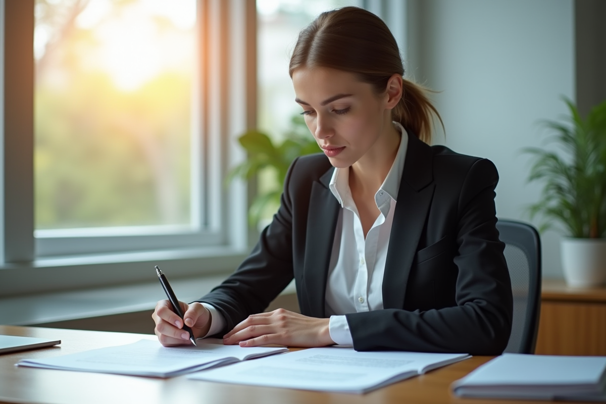Femme professionnelle en bureau examinant un formulaire de refus