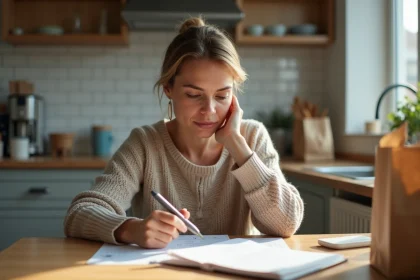 Femme assise à la cuisine en train de vérifier son reçu