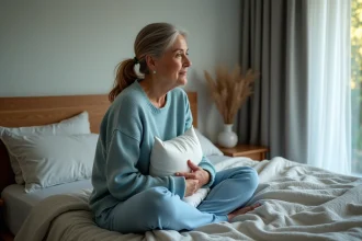 Femme méditative dans une chambre cosy avec linge coton