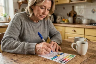 Une femme remplit un ticket EuroMillions à sa table de cuisine, l'air concentrée et pleine d'espoir