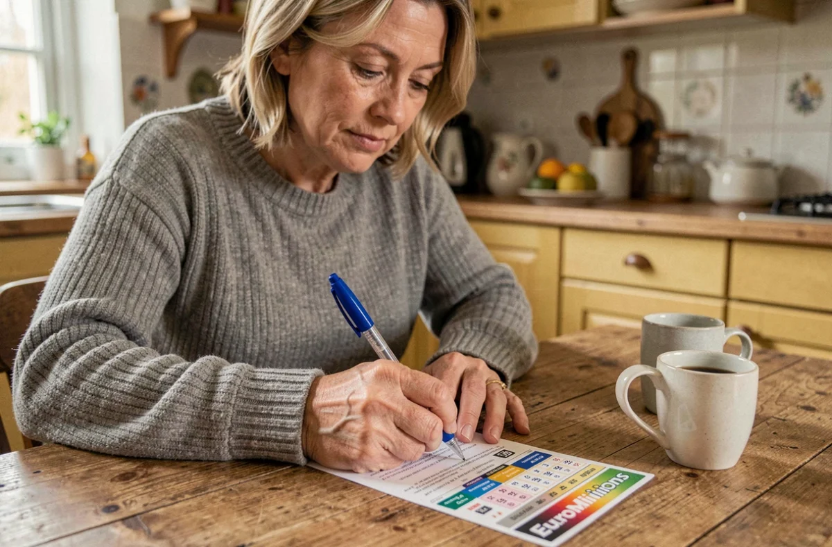 Une femme remplit un ticket EuroMillions à sa table de cuisine, l'air concentrée et pleine d'espoir