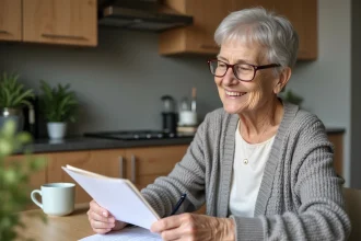 Femme retraitée souriante remplissant des formulaires dans la cuisine