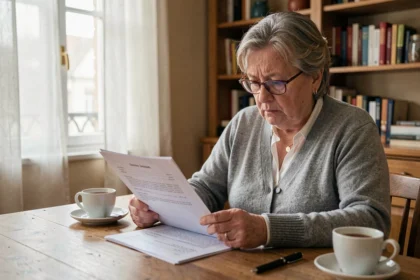 Femme retraitée qui examine ses documents de taux CSG à son domicile