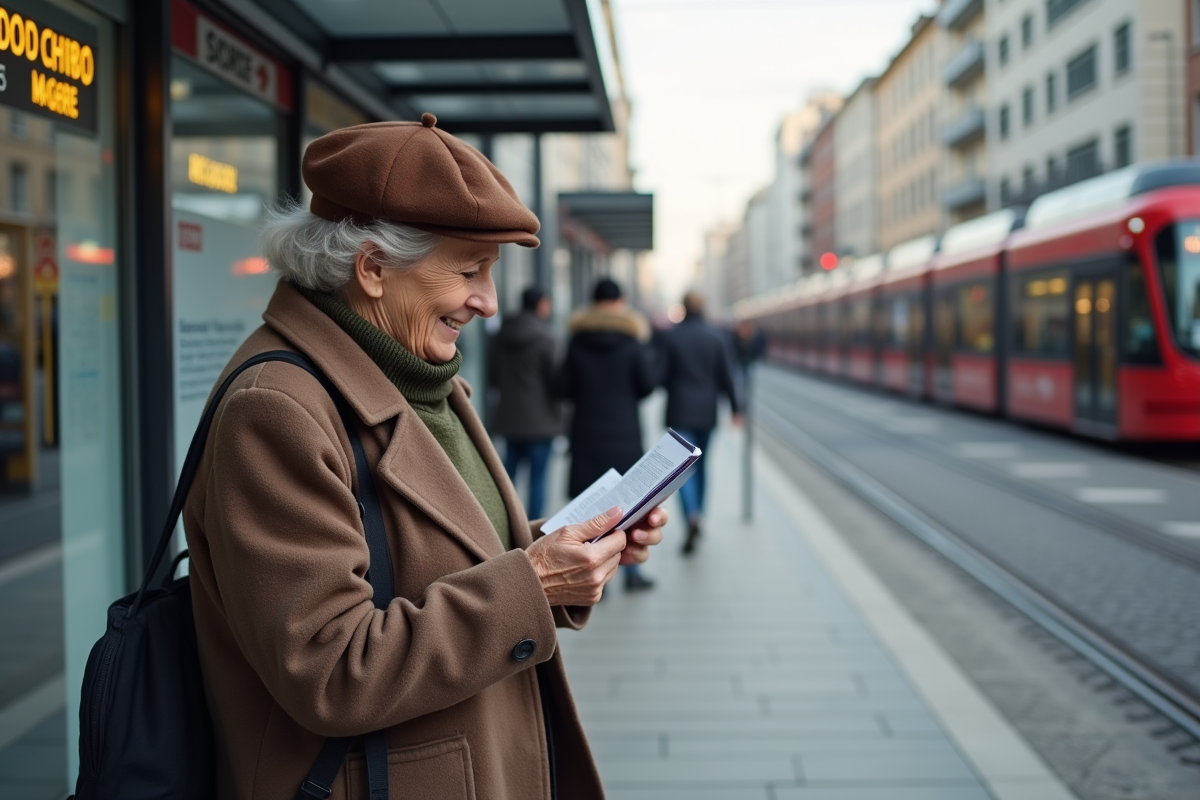 Femme retraitée lisant un livret de pension à un arrêt de tram parisien