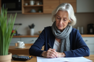 Femme d'âge moyen examine des documents de pension à la maison