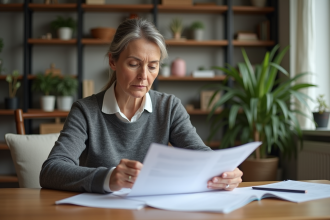 Femme d'âge moyen examine des documents de retraite à la maison