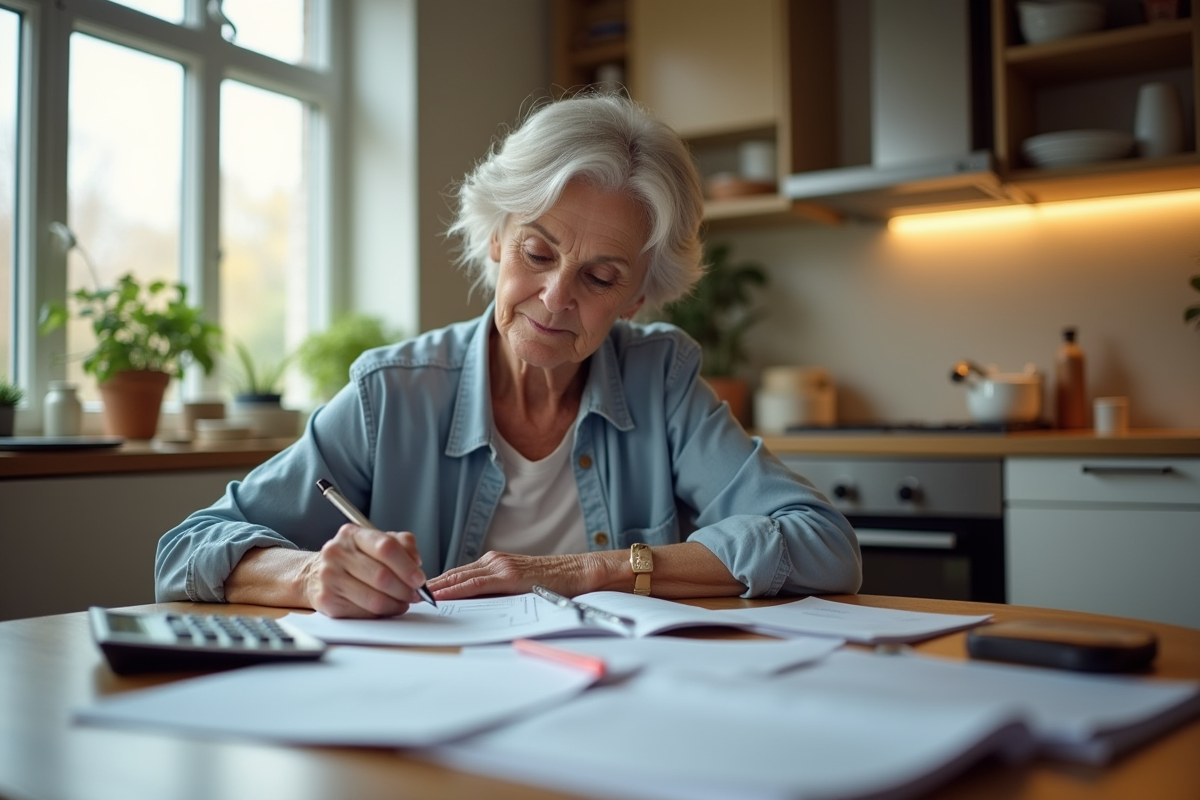 Femme senior prenant des notes à la cuisine avec papiers et calculatrice
