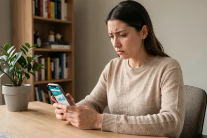 Femme contacting le service client Lydia sur smartphone depuis son bureau à domicile