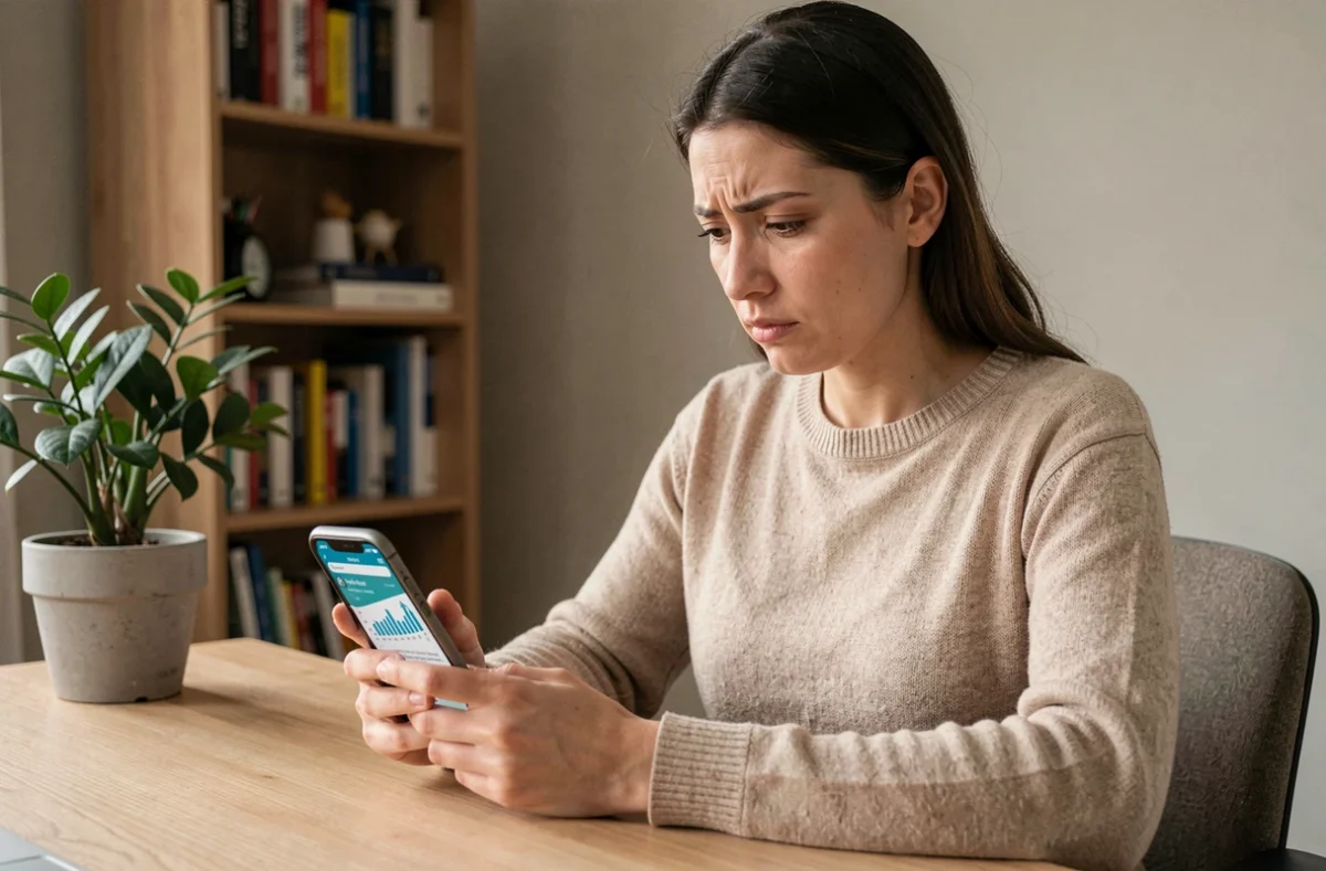 Femme contacting le service client Lydia sur smartphone depuis son bureau à domicile