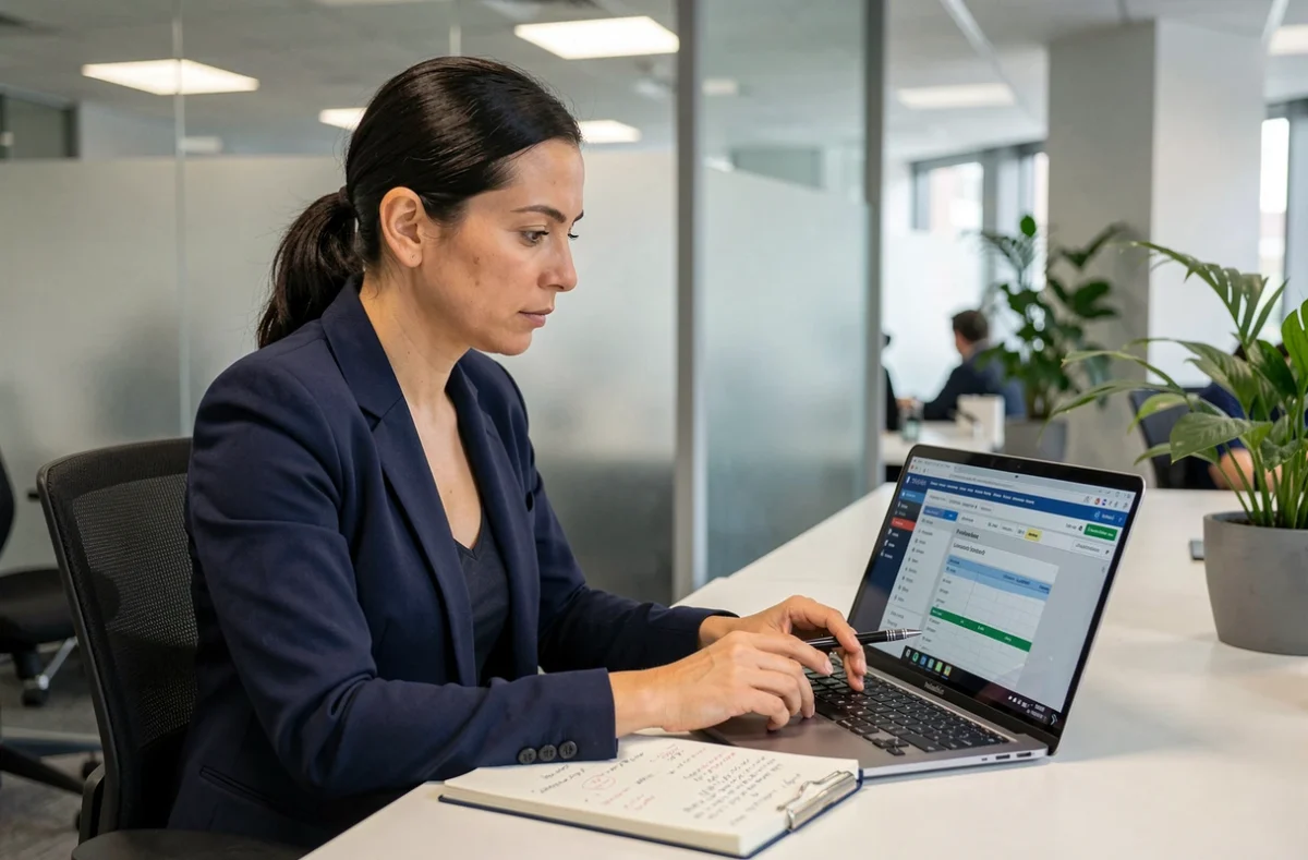 Femme cadre analysant une simulation d'impôt sur le revenu liée aux heures supplémentaires sur un ordinateur portable dans un bureau en open space