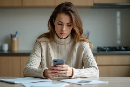 Femme examinant sa carte bancaire à la maison