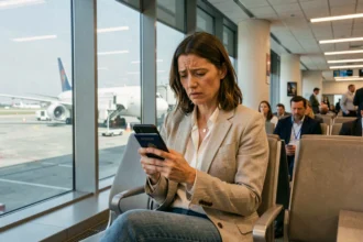 Femme stressée dans un aéroport tenant son passeport et regardant son téléphone avec inquiétude avant un voyage à Dubaï sans assurance