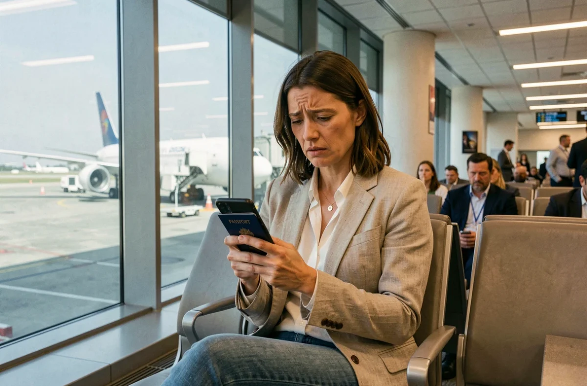 Femme stressée dans un aéroport tenant son passeport et regardant son téléphone avec inquiétude avant un voyage à Dubaï sans assurance