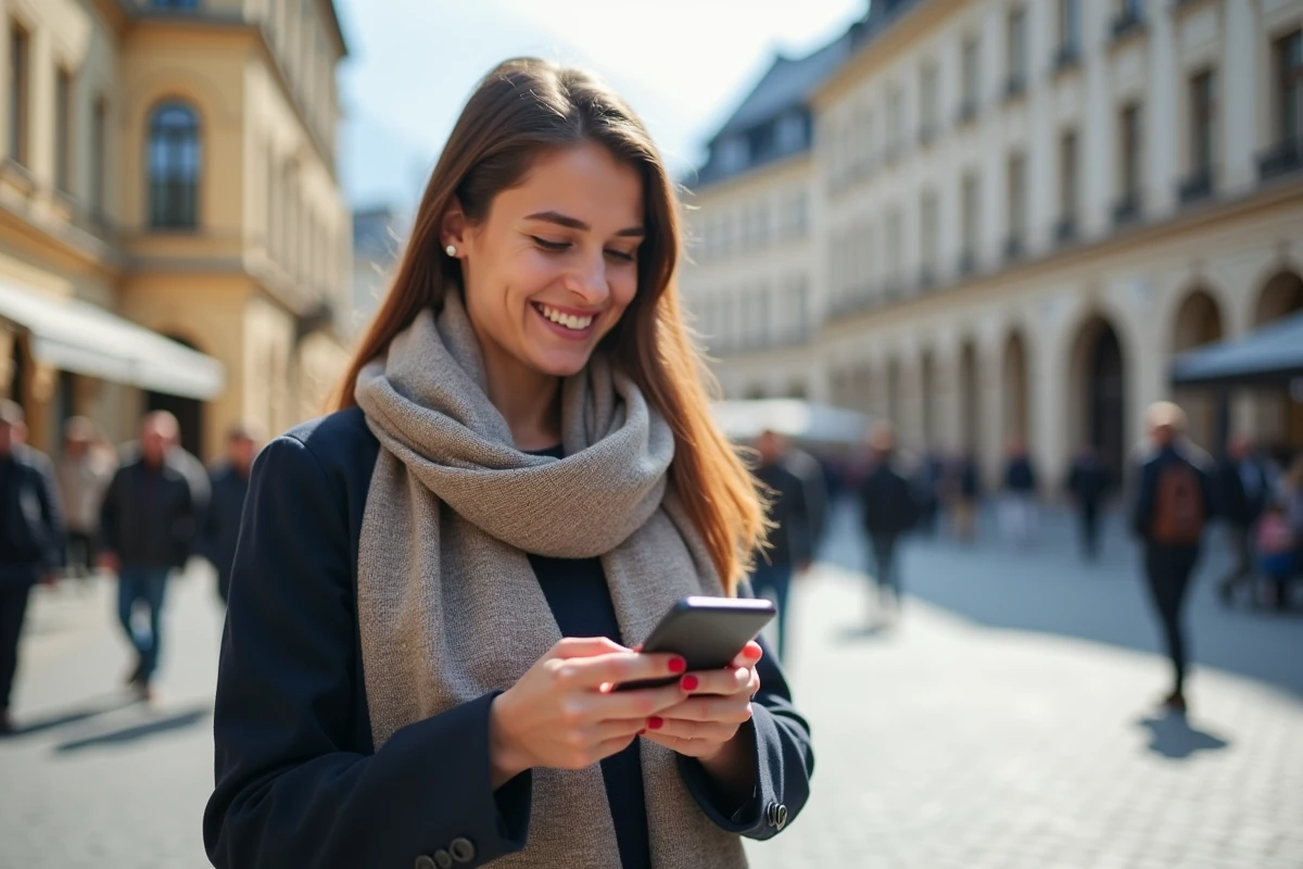 Jeune femme suisse souriante v&eacute;rifie son smartphone en ville