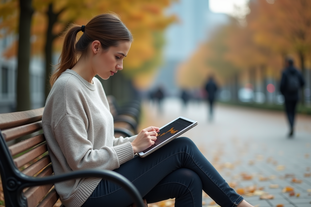 Jeune femme regardant un graphique sur une tablette en plein air