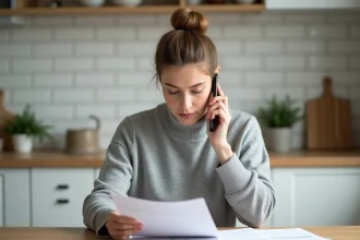 Femme au téléphone consultant un document pour trouver le numéro de Cetelem