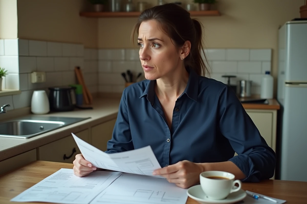 Femme à temps partiel examinant sa fiche de paie et ses documents de prime d'activité à la table de sa cuisine