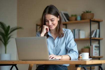 Jeune femme au travail à domicile avec ordinateur