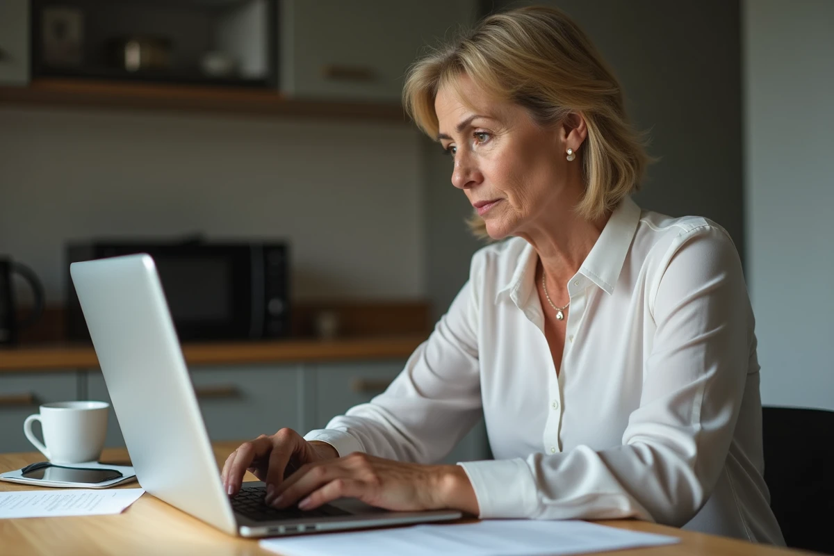 Femme d'âge moyen travaillant à la maison sur son ordinateur