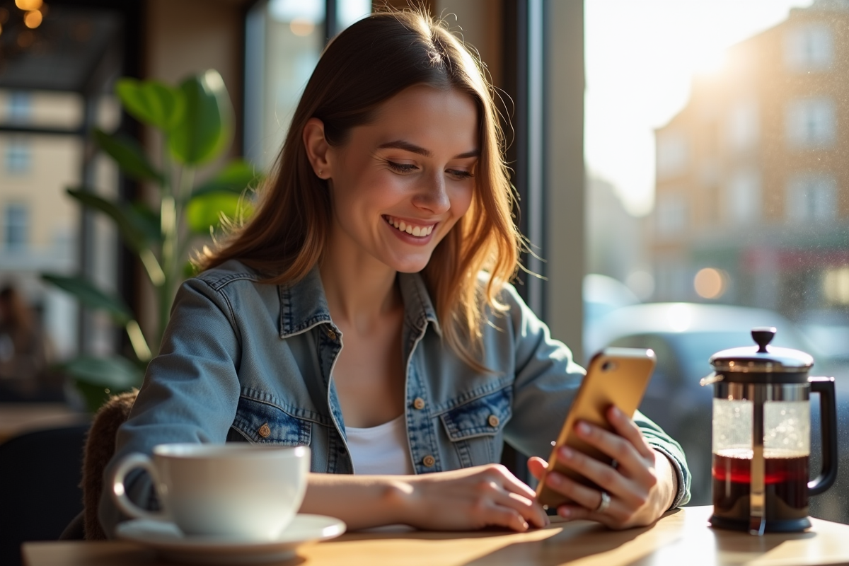 Jeune femme souriante utilisant une application bancaire sur son smartphone