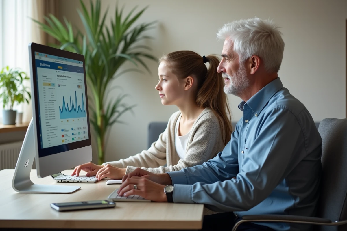 Fille et homme regardant un site bancaire sur un ordinateur