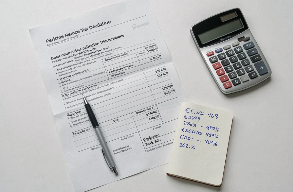 Vue de dessus d'une déclaration fiscale française, d'une fiche de paie avec heures supplémentaires et d'une calculatrice sur un bureau blanc, symbolisant l'impact fiscal des heures sup en 2026