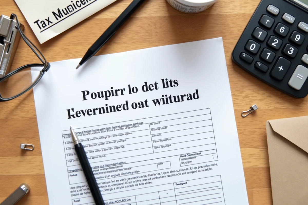Vue aérienne du formulaire de plafonnement taxe foncière 2041-DPTF-SD posé sur un bureau en bois avec calculatrice et stylo