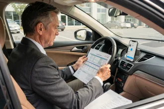 Salarié consultant des documents de remboursement de frais kilométriques dans sa voiture devant son lieu de travail
