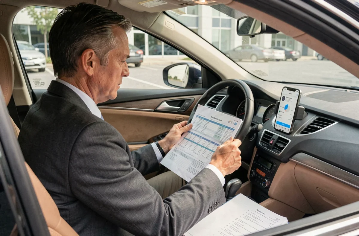 Salarié consultant des documents de remboursement de frais kilométriques dans sa voiture devant son lieu de travail
