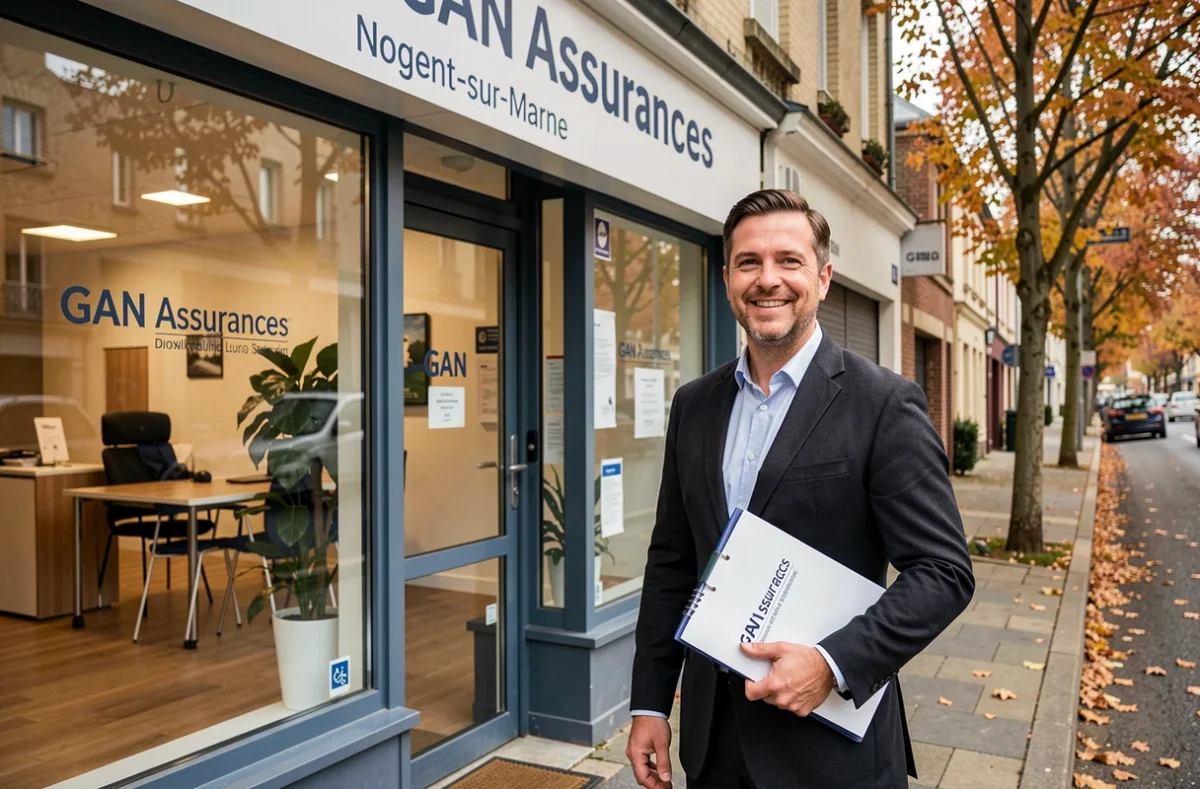 Conseiller GAN Assurances à Nogent-sur-Marne devant l'agence avec un dossier de contrats
