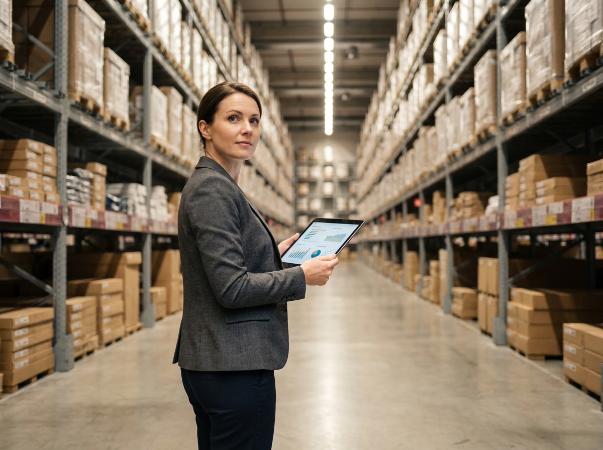 Gestionnaire de patrimoine analysant les rendements locatifs d'un entrepôt logistique sur tablette