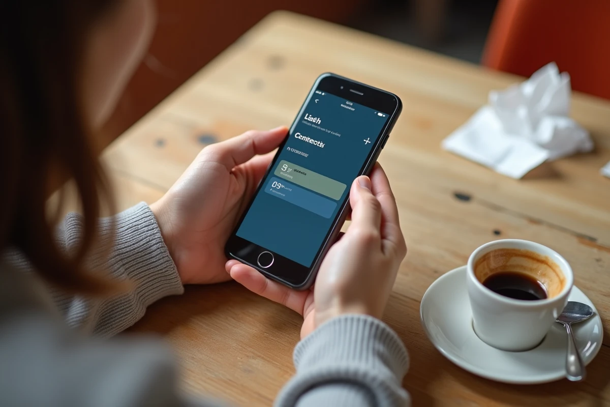 Mains tenant un smartphone affichant une application bancaire mobile pour gérer virements et prélèvements sans frais