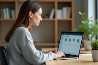 Femme gérant ses virements et plafonds bancaires depuis son espace particulier Société Générale sur un ordinateur portable à domicile