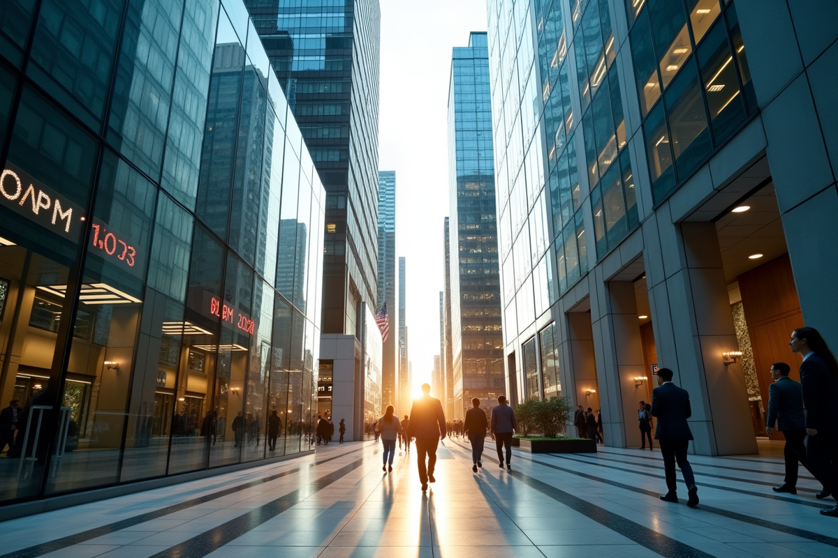 Vue d’un gratte-ciel moderne dans un quartier financier avec des personnes d'affaires