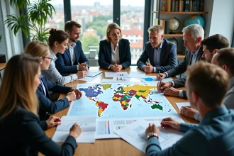 Groupe de professionnels analysant une carte du monde avec graphiques